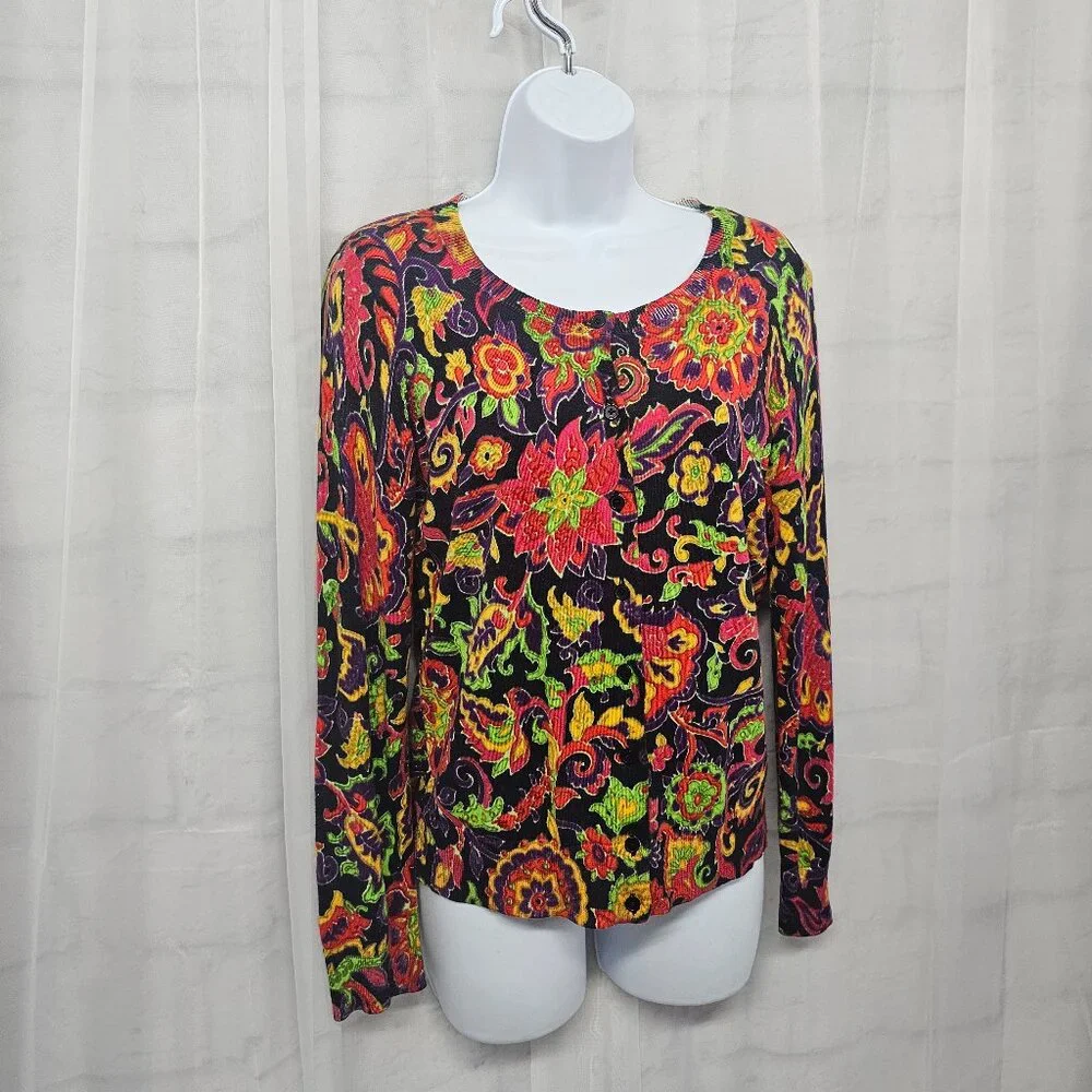 Talbots Cardigan Red Purple Knit Goth Floral Boho Retro Grunge S - Picture 5 of 11